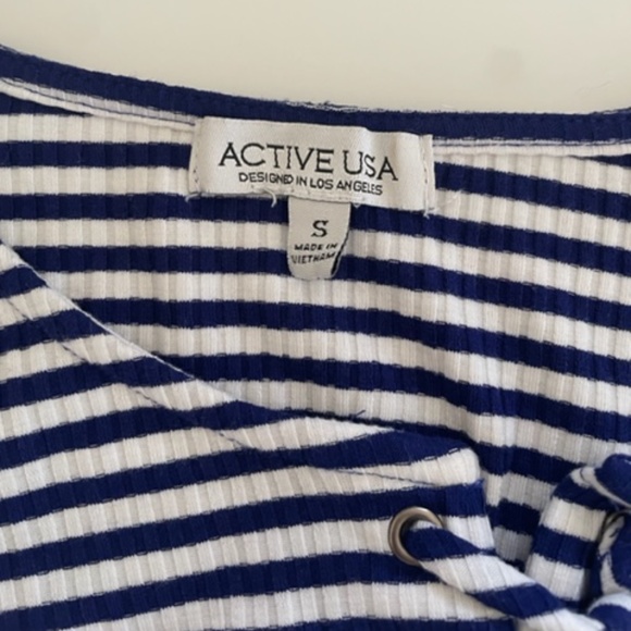 Active USA | Blue & White Striped Bodycon Tie-Front Top – Size S - Picture 6 of 7